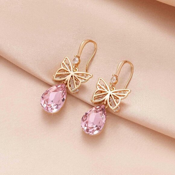 Crystal Butterfly Drop Earrings Hypoallergenic Pink Rose Gold Jewelry Women - Picture 5 of 8